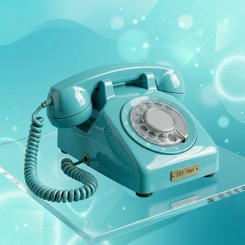 Turquoise rotary dial telephone with coiled cord and EST. 1964 plaque